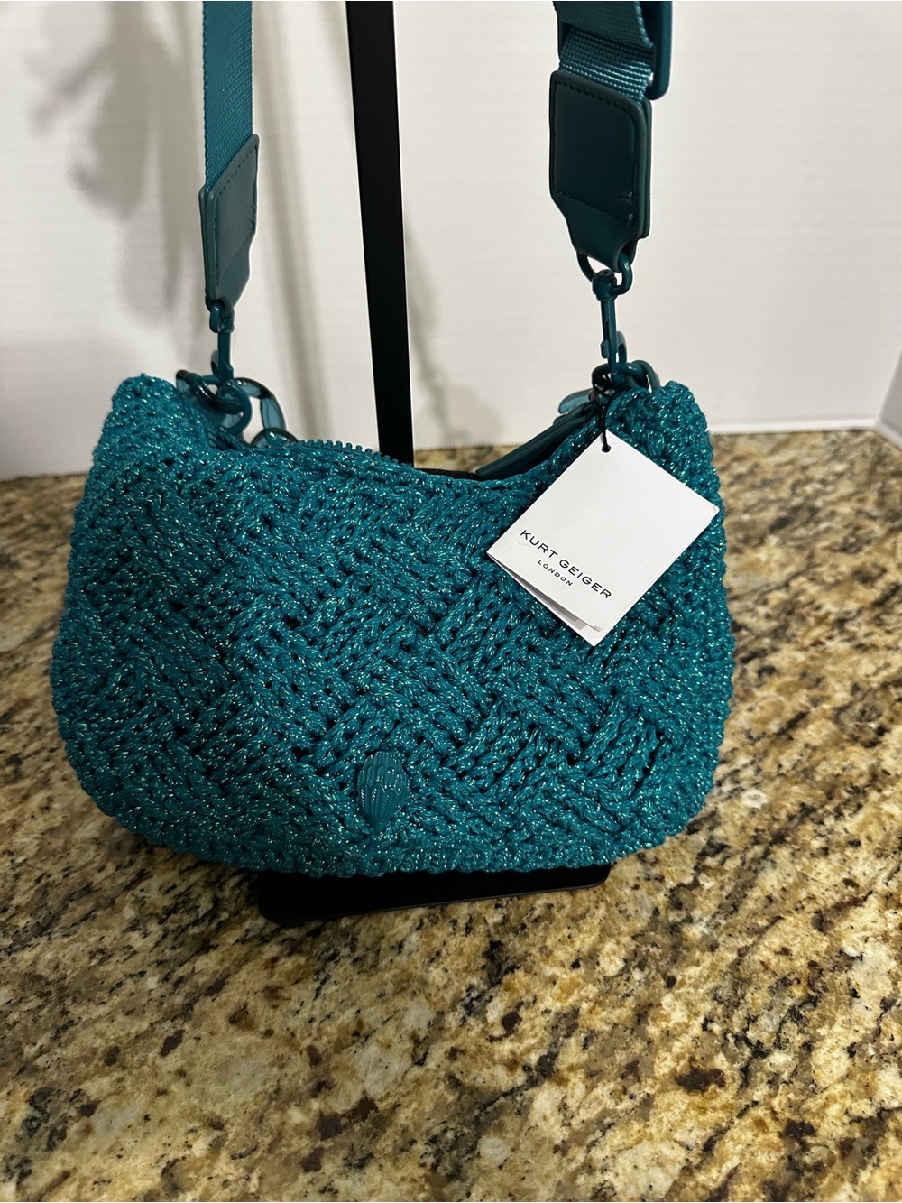 Kurt Geiger London Crochet Multi Crossbody Bag in emerald green.